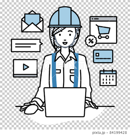 建築工地的一位女士坐在辦公桌前，在 PC 上做網上商店或營銷工作 84199428