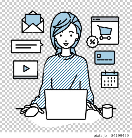 A remote work woman sitting at a desk and doing an online shop or marketing job on a PC A remote work woman sitting at a desk and doing an online shop or marketing job on a PC 84199429
