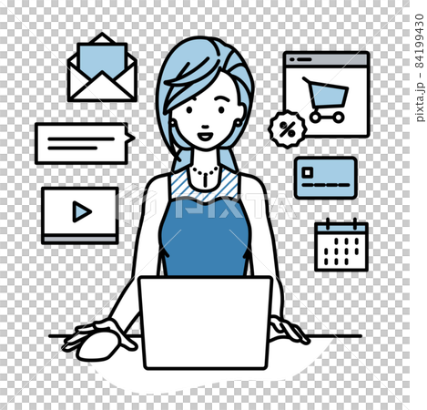 A woman in a dress sitting at a desk and doing an online shop or marketing job on a PC 84199430