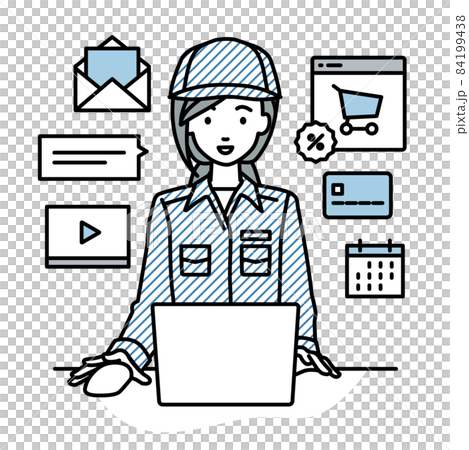 A female worker sitting at a desk and doing an online shop or marketing job on a PC 84199438