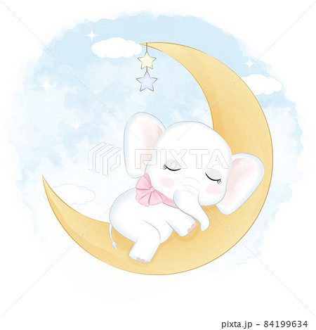 Cute Elephant sleeping on the moon watercolor background 84199634