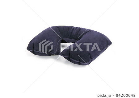 Neck Pillow isolated on white background. Blue u shape travel pillow. Top view of airplane or road inflatable device for long way trips to support you neck when sleeping. 84200648