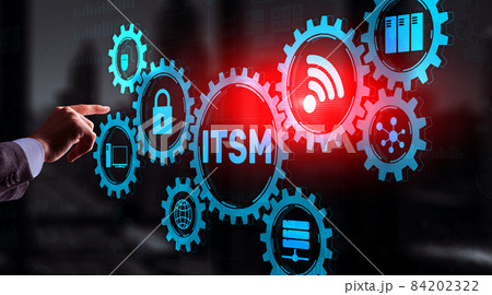 Business Technology Internet concept. Businessman pressing button on touch screen interface and select it service management Business Technology Internet concept. Businessman pressing button on touch screen interface and select it service management 84202322