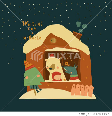 Cute Cartoon Animals with Angel celebrating Christmas in Little House 84203457