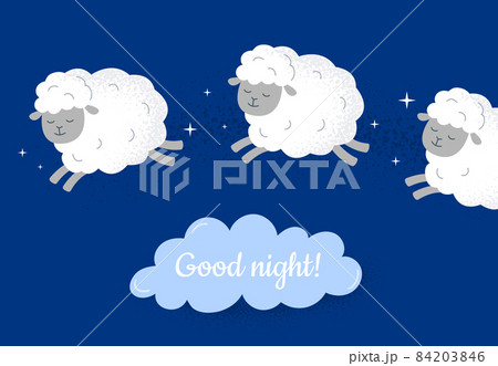 Three sheep jumping over the cloud. Count sheep before bed. Vector flat illustration. 84203846