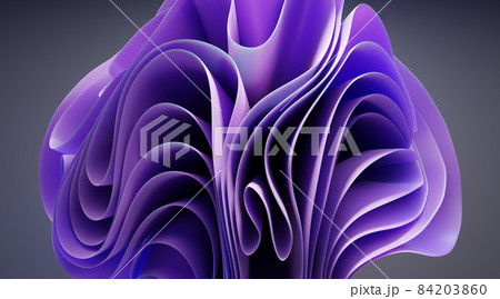 Abstract background with purple layered ruffles in shape flower. Wavy fashion wallpaper with layers and folds isolated on gray backdrop. Round curved decoration element of fabric or paper, 3d render 84203860