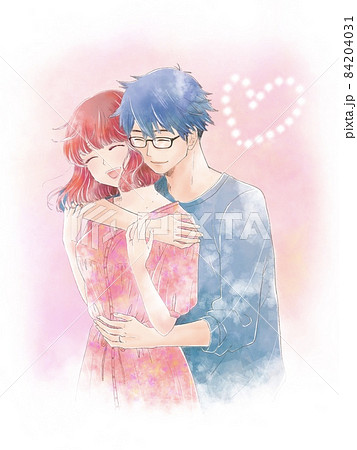 バックハグする男女のカップル ピンク背景ハート付きのイラスト素材