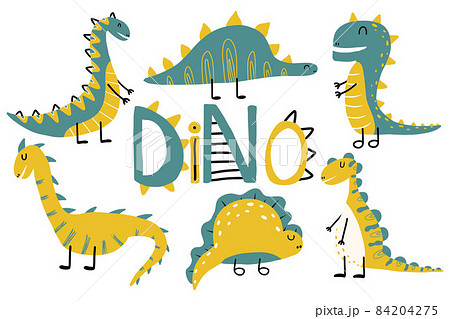 Vector kids set of cute dinosaurs. Drawn dino. Dinosaurs in green and yellow colors. Vector kids set of cute dinosaurs. Drawn dino. Dinosaurs in green and yellow colors. 84204275