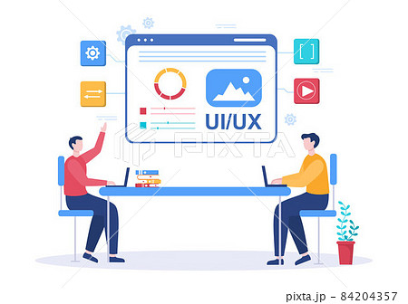 UI & UX Programmer Flat Design Vector Illustration for Business Information and Team Sharing Ideas with Designer, Coding, Interface or Software App Development 84204357