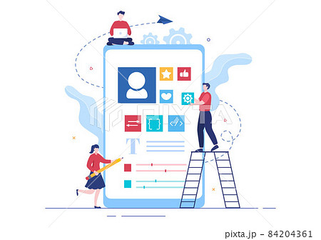 UI & UX Programmer Flat Design Vector Illustration for Business Information and Team Sharing Ideas with Designer, Coding, Interface or Software App Development 84204361
