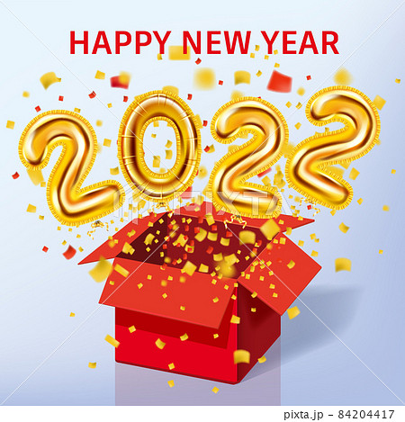 Happy New Year 2022 realistic golden decoration balloons. Gold foil numbers 3d Happy New Year, shine party festive background, confetti, glitter. Vector festive poster, banner cover card, flyer Happy New Year 2022 realistic golden decoration balloons. Gold foil numbers 3d Happy New Year, shine party festive background, confetti, glitter. Vector festive poster, banner cover card, flyer 84204417