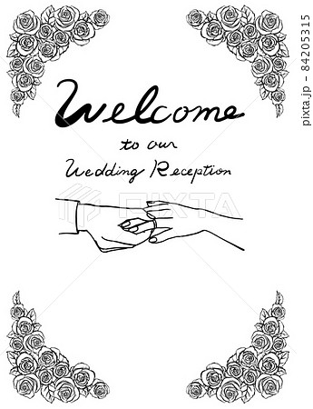 結婚式のウェルカムボード バラと指輪交換 黒のイラスト素材