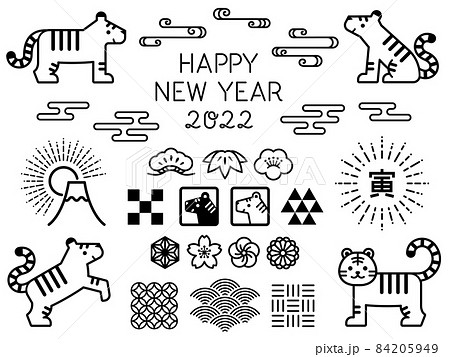 記号的な虎とお正月の線画イラストセットのイラスト素材 [84205949 