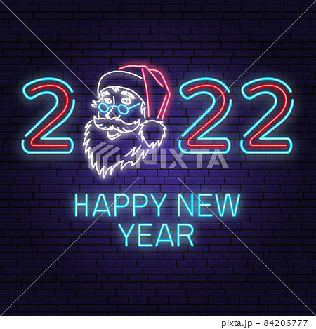 Happy New Year 2022 neon sign with Santa Claus. Vector illustration. Vintage typographic design for xmas, new year emblem in retro style. Happy New Year overlay. Bright neon advertising of xmas Happy New Year 2022 neon sign with Santa Claus. Vector illustration. Vintage typographic design for xmas, new year emblem in retro style. Happy New Year overlay. Bright neon advertising of xmas 84206777