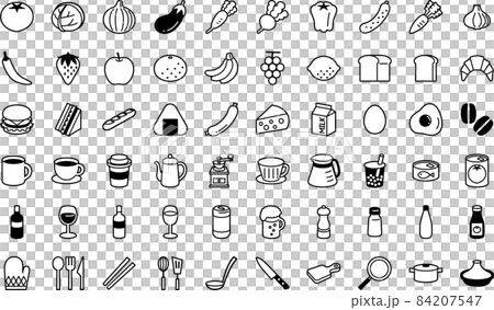 食べ物とキッチン用品のシンプルなアイコンセット 84207547