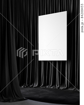 Black draping curtains, poster and carpet. 3d render illustration mockup. 84209455