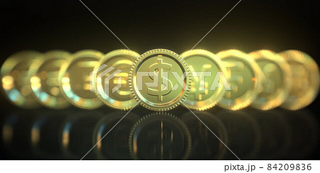 Dollar and other currency symbols on golden coins on black background. Forex related conceptual 3D rendering 84209836