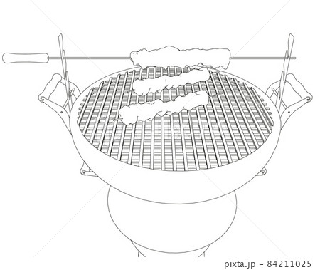 Barbecue contour with skewers and kebabs from black lines isolated on a white background. Perspective view. Vector illustration 84211025