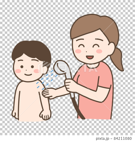 A mother who uses a shower to wash away bubbles and dirt on her child 84211080