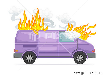 Damaged van car on fire. Car insurance case vector illustration Damaged van car on fire. Car insurance case vector illustration 84211313