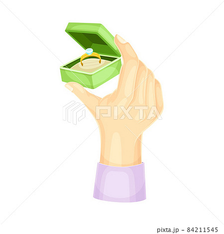 Male hand holding opened green box with golden ring and diamond vector illustration 84211545