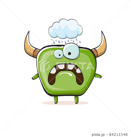 Vector cartoon funky green monster with horn isolated on white background. Smiling silly green monster print sticker design template. Ghost, troll, gremlin, goblin, devil and monster 84211546