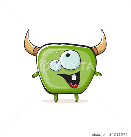 Vector cartoon funky green monster with horn isolated on white background. Smiling silly green monster print sticker design template. Ghost, troll, gremlin, goblin, devil and monster 84211572
