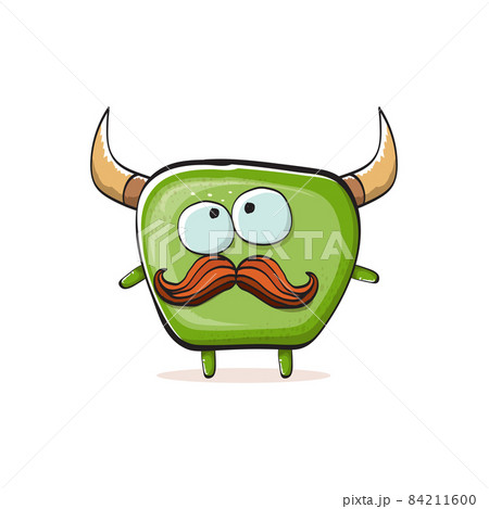 Vector cartoon funky green monster with horn isolated on white background. Smiling silly green monster print sticker design template. Ghost, troll, gremlin, goblin, devil and monster 84211600