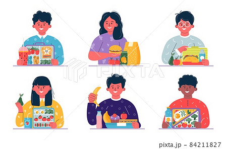 Boys and girls having breakfast or lunch meals. Kids, people eating, drinking diverse food, drinks. Children school lunch boxes with meal, hamburger, sandwich, juice, snacks, fruit, vegetables.Vector Boys and girls having breakfast or lunch meals. Kids, people eating, drinking diverse food, drinks. Children school lunch boxes with meal, hamburger, sandwich, juice, snacks, fruit, vegetables.Vector 84211827