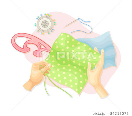 Hands sewing with needle. Top view of creative work process, hobby and craft concept vector illustration 84212072