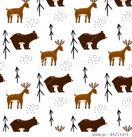 Childish seamless pattern with deer and bear. Hand-drawn pattern with forest animals. 84213371