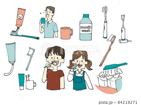 歯磨きに関するイラストと子供たちのセット 84219271