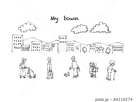 私たちの街と歩く人々の線画イラスト 84219274
