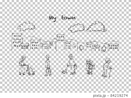 私たちの街と歩く人々の線画イラスト 84219274