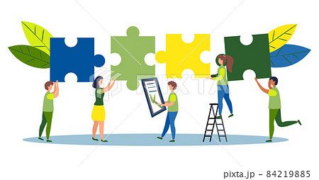 Business concept. Team metaphor. people connecting puzzle elements. illustration flat design style. Symbol of teamwork, cooperation, partnership. 84219885