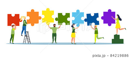 LGBT pride concept illustration. Cartoon flat tiny free LGBT characters group holding rainbow puzzle, connecting jigsaw pieces in hands, community cooperation, sexual freedom 84219886