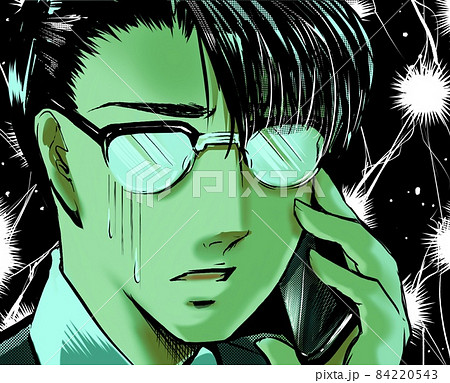 漫画イケメンメガネ会社員脅迫電話にショックを受け青ざめるのイラスト素材