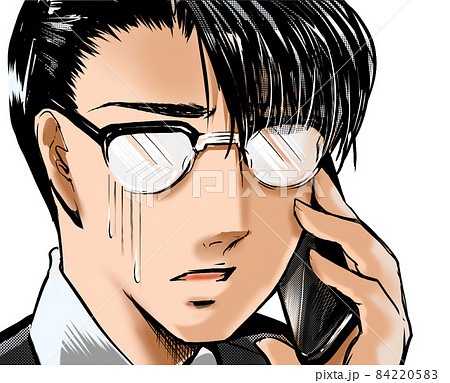 漫画イケメンメガネ会社員脅迫電話にショックを受け青ざめるのイラスト素材 8425