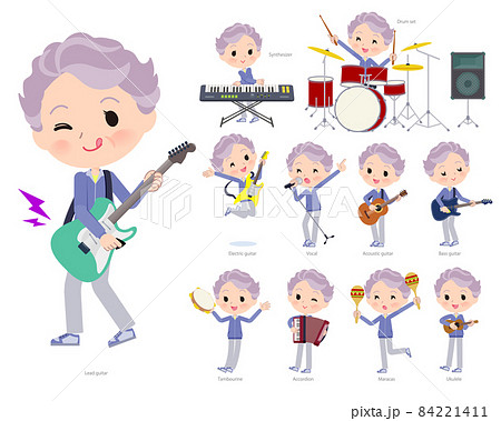 ロックンロールやポップミュージックを演奏する青ジャージ高齢女性のセット 84221411