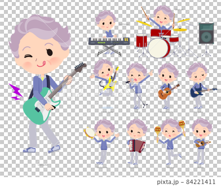 ロックンロールやポップミュージックを演奏する青ジャージ高齢女性のセット 84221411