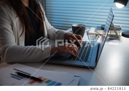Young asian women working late at night using laptop in dark room Young asian women working late at night using laptop in dark room 84221913