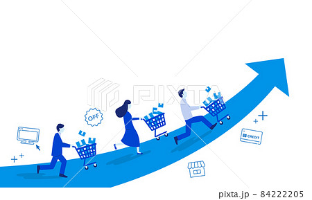 カートを持って走る人々と上昇する矢印、商品が売れるイメージイラスト、コピースペース カートを持って走る人々と上昇する矢印、商品が売れるイメージイラスト、コピースペース 84222205