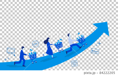 People running with carts and rising arrows, image illustrations of selling products, copy space 84222205