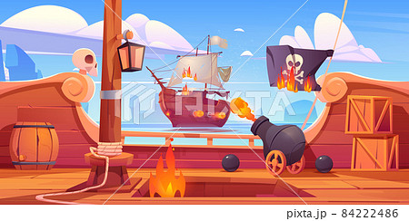 Pirate ship battle, wooden brigantine boat deck Pirate ship battle, wooden brigantine boat deck 84222486