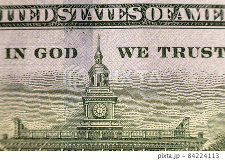 Back reserve side detail of American national currency banknote dollars bills. Symbol of wealth and prosperity. In God we trust words. Back reserve side detail of American national currency banknote dollars bills. Symbol of wealth and prosperity. In God we trust words. 84224113