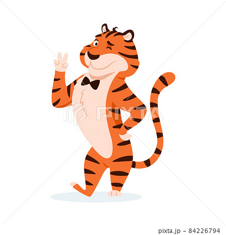 Cool cartoon winking tiger with victory sign isolated on white background. Adorable orange striped successful wildcat showing win two fingers hand gesture. Smiling animal character illustration Cool cartoon winking tiger with victory sign isolated on white background. Adorable orange striped successful wildcat showing win two fingers hand gesture. Smiling animal character illustration 84226794