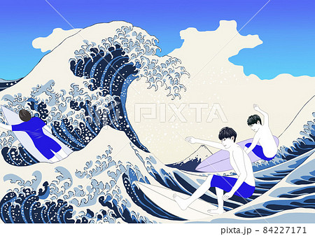 日本画の中のサーフィンイラストのイラスト素材