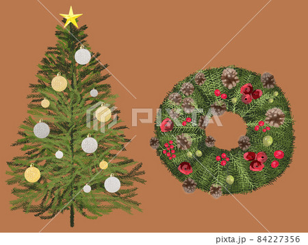 クリスマスツリーとリースセット茶色背景_リアルタッチ_横 84227356