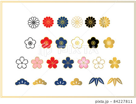 和風の花のベクターイラストセット 桜 梅 菊の伝統的な模様 日本の縁起物のイラスト素材