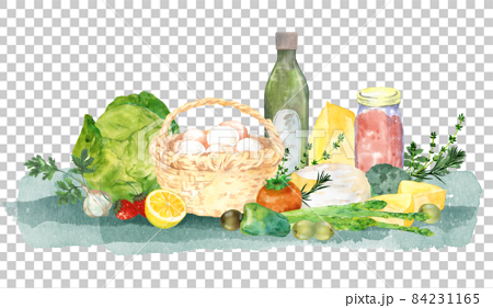 オリーブオイルと食材の水彩画 84231165